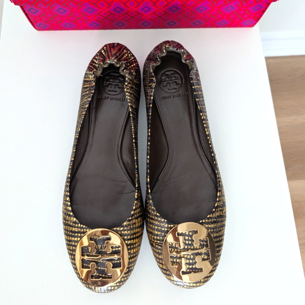 Tory Burch Metallic Gold and Black Reva Logo Ballet Flats